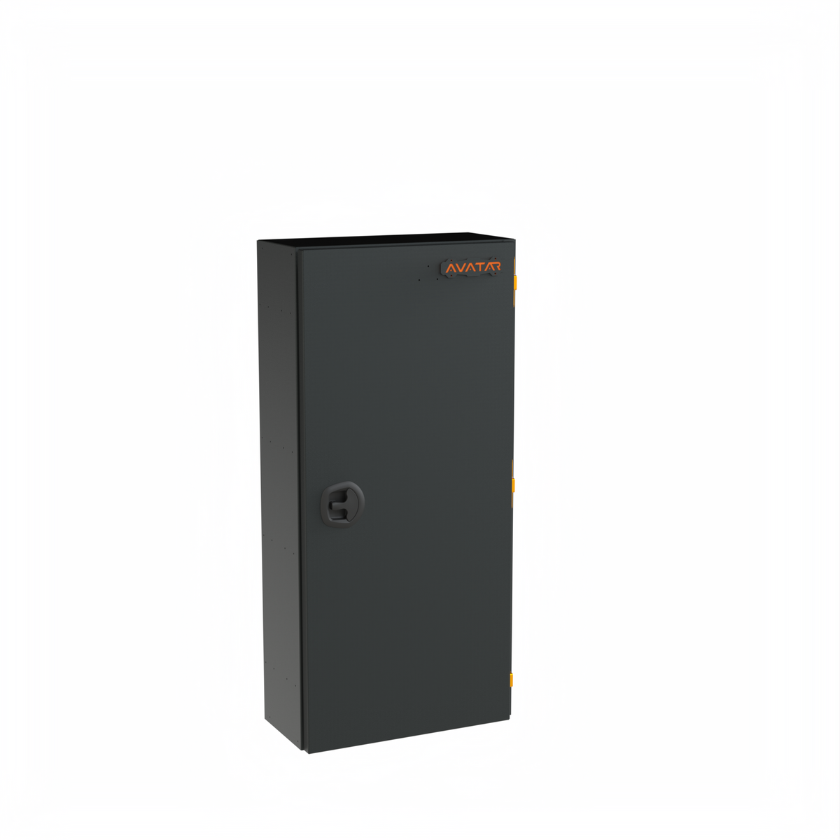 Avatar Caddie Storage Box in dark gray metal with orange logo and yellow side latch on Tampa Home & Garden Store