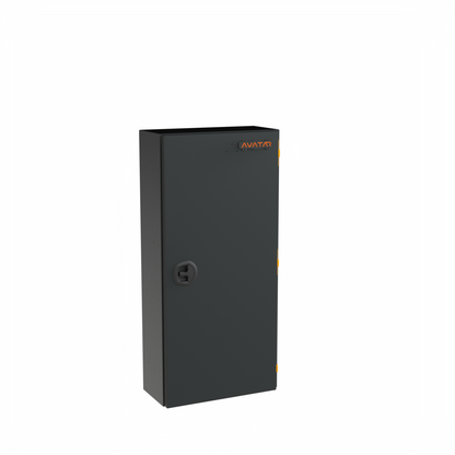 Avatar Caddie Storage Box in dark gray metal with orange logo and yellow side latch on Tampa Home & Garden Store