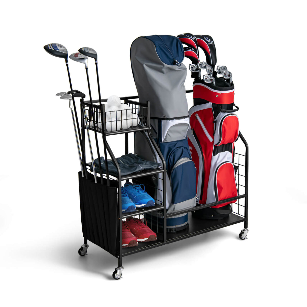 Double Golf Bag Organizer with Lockable Wheels black metal cart holding red and blue bags on Tampa Home & Garden Store