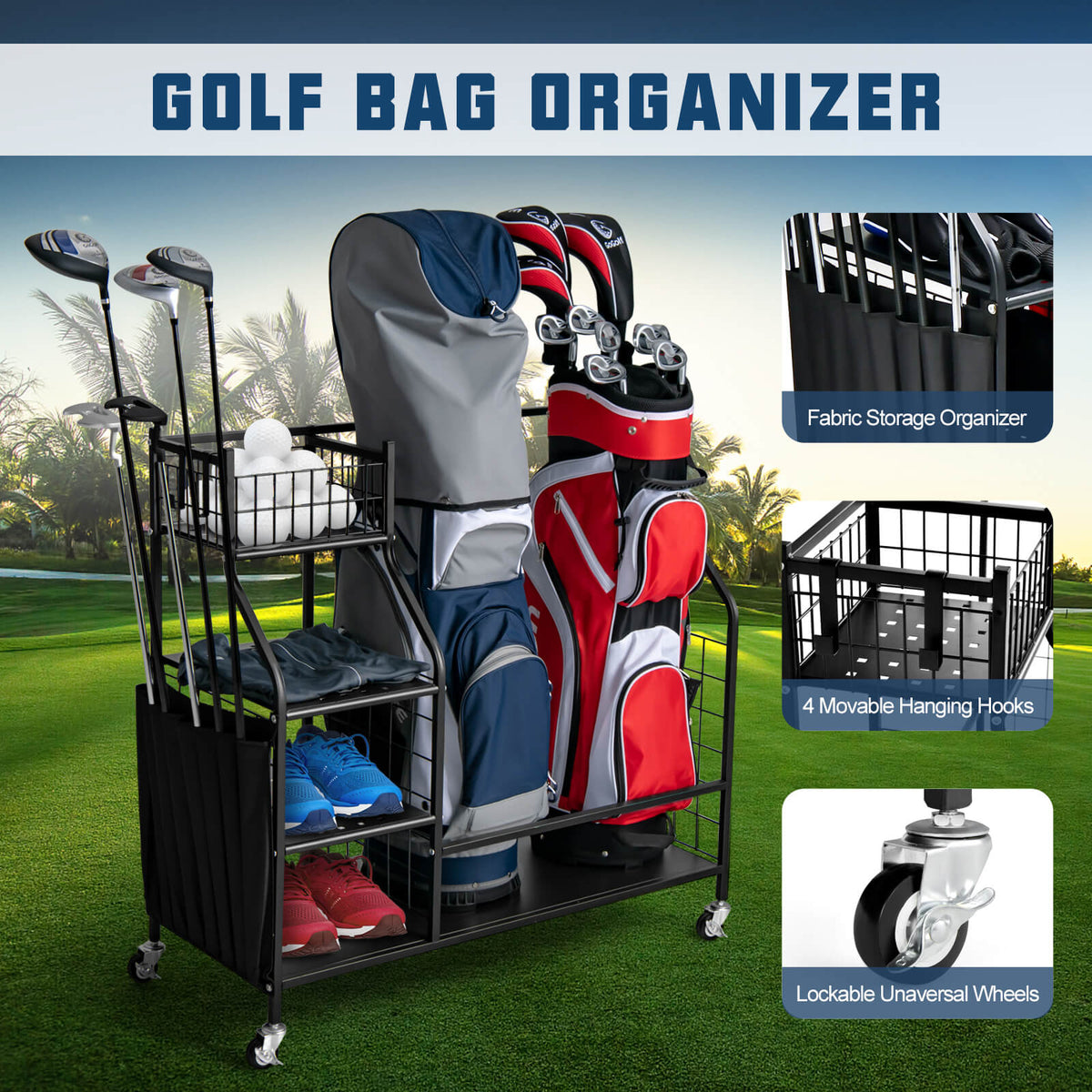 Double golf bag organizer by DirectDeals with lockable universal wheels, black metal cart on Tampa Home & Garden Store