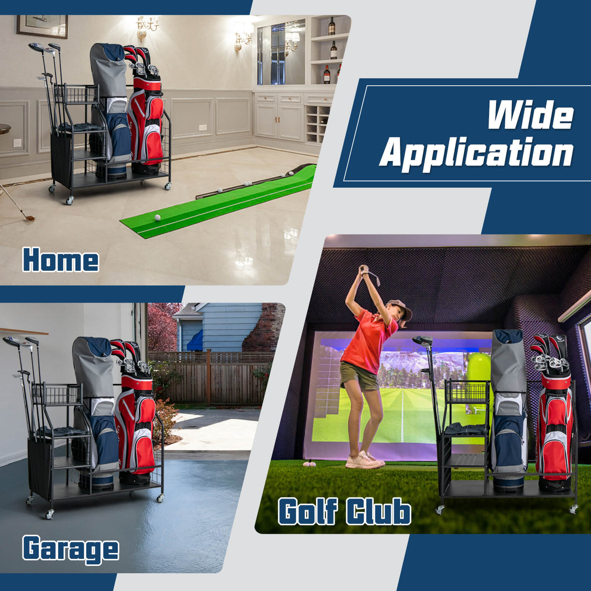 Double Golf Bag Organizer DirectDeals black cart with lockable wheels red and blue bags on Tampa Home & Garden Store