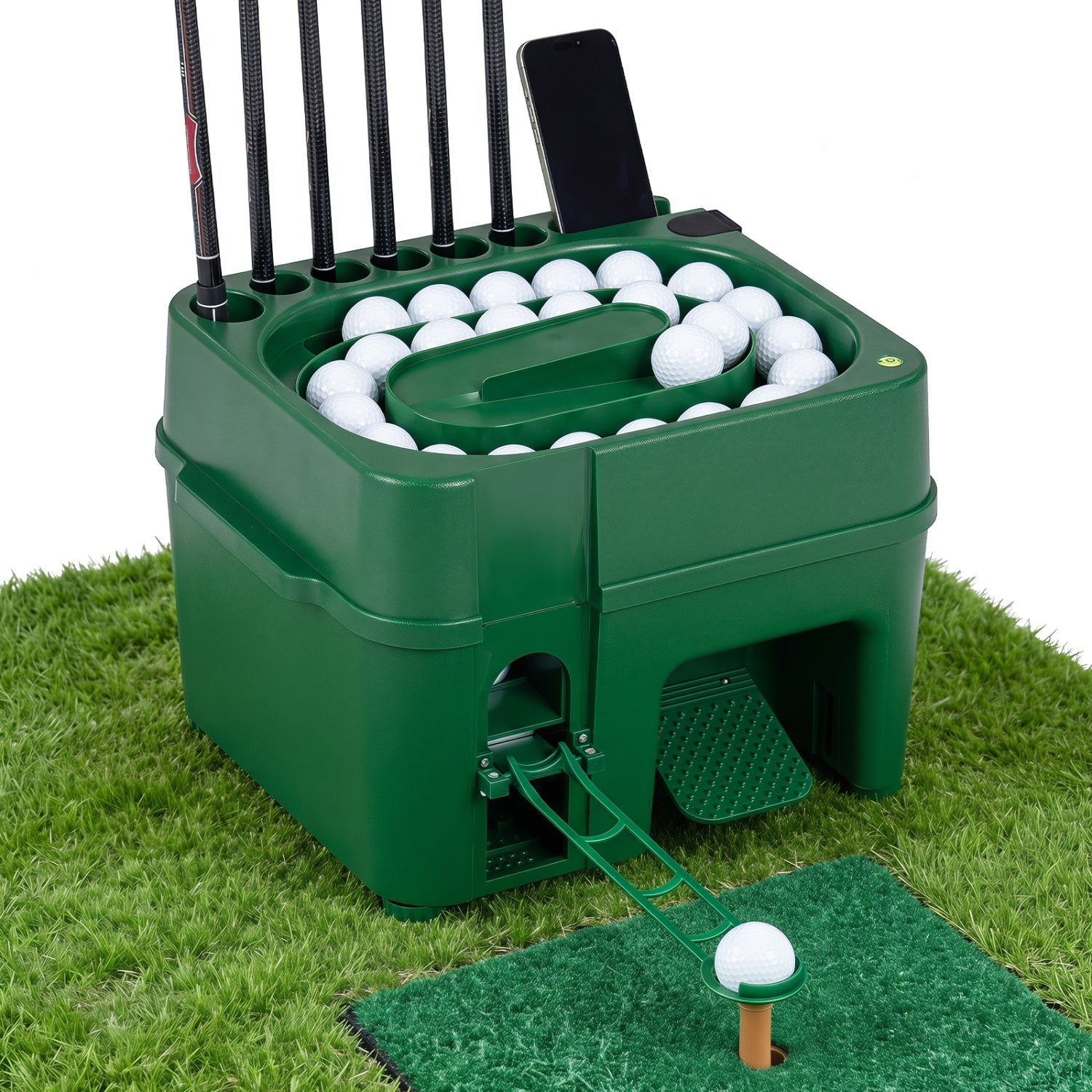 Golf Ball Dispenser with 50-Ball Capacity & 6-Club Holder, green plastic golf training equipment with 6 club slots and phone stand on Tampa Home & Garden Store