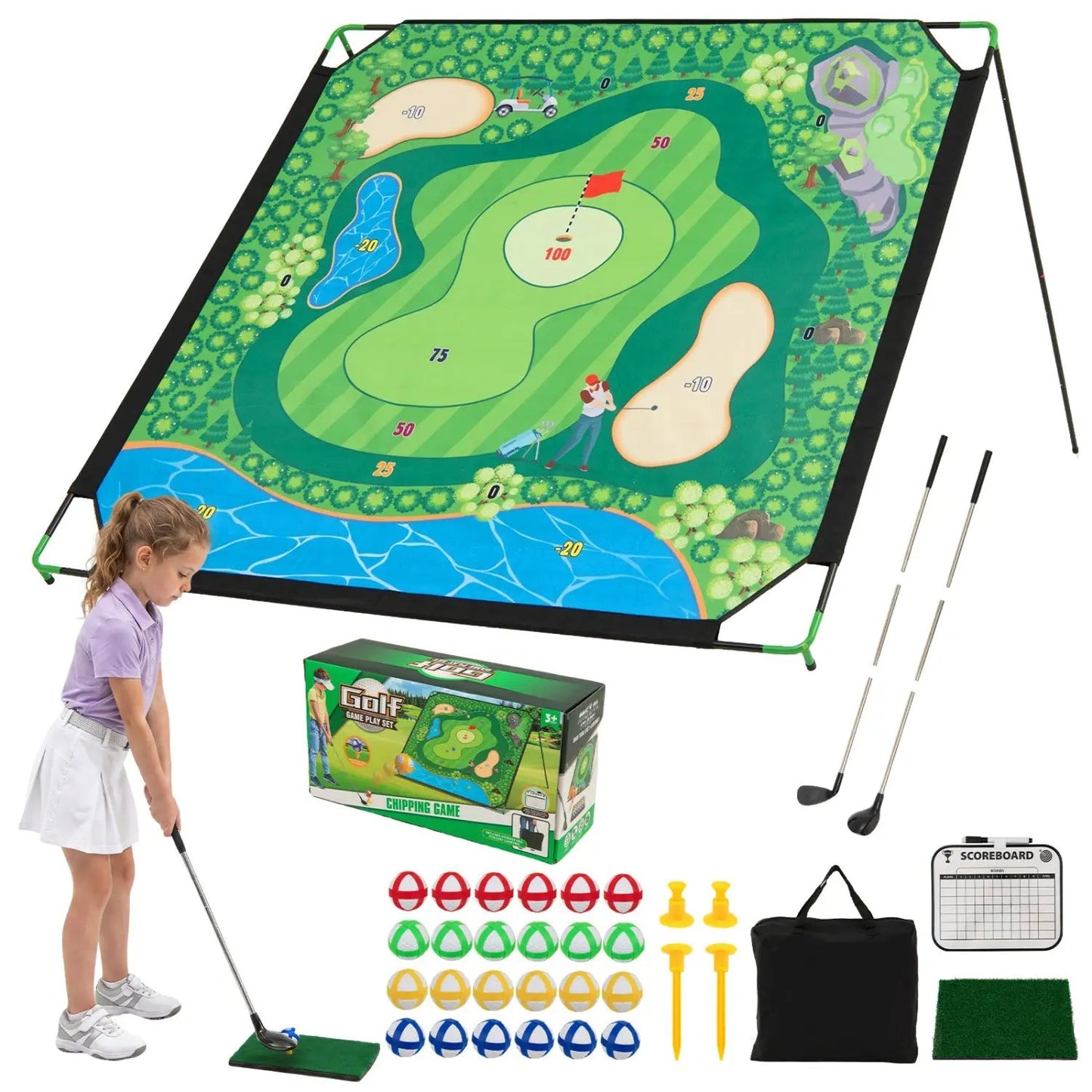 Golf Chipping Practice Net 71x71 Inch With Clubs
