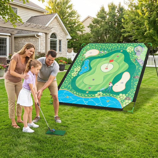 Golf chipping practice net 71x71 in with DirectDeals clubs and balls in backyard on Tampa Home & Garden Store
