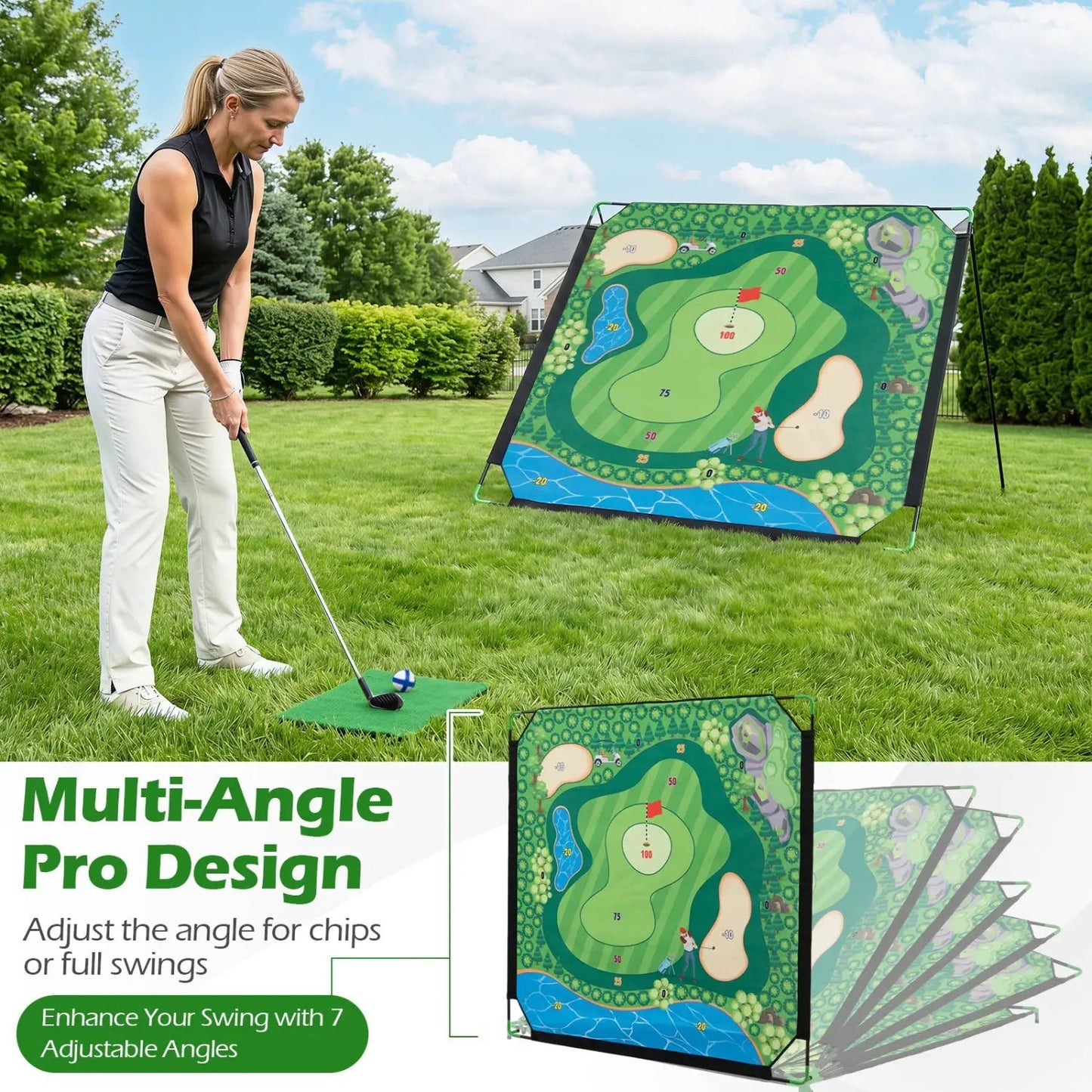 Golf Chipping Practice Net 71x71 Inch With Clubs