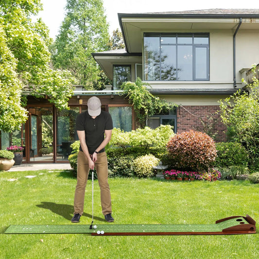 Golf putting mat with auto ball return on green turf, 10 ft length, backyard setup, 3 balls on mat on Tampa Home & Garden Store