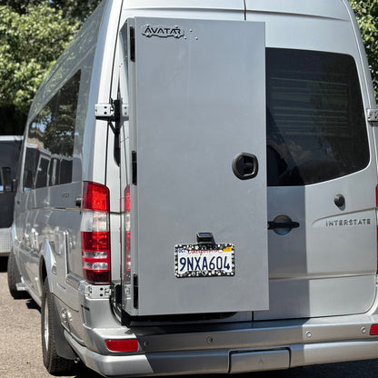 Avatar Caddie Storage Box mounted on rear of gray van, metal box with Avatar Offroad logo on Tampa Home & Garden Store