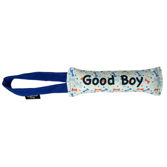 Fire Hose Dog Toy Tugs by American Dog; white bone-pattern fabric with blue handles on Tampa Home & Garden Store