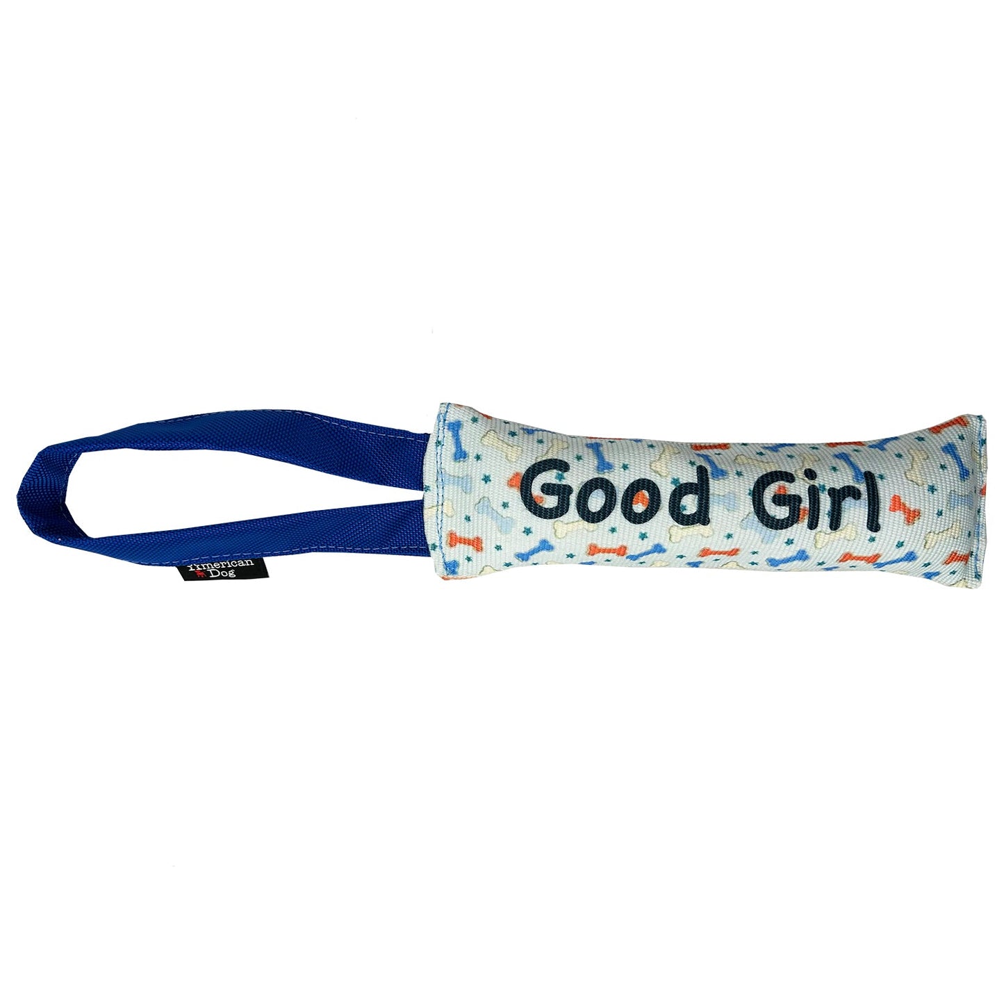 Fire Hose Dog Toy Tugs by American Dog with blue nylon handles and a bone-patterned sleeve on Tampa Home & Garden Store
