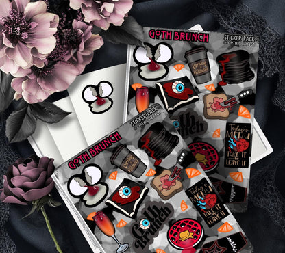 Goth Brunch Sticker Sheet – Caffeine, Chaos & Creepy Cuisine - Tampa Home & Garden Store
