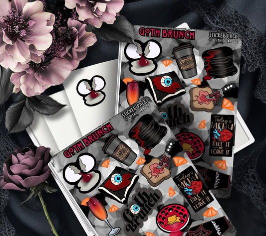 Goth Brunch Sticker Sheet – Caffeine, Chaos & Creepy Cuisine - Tampa Home & Garden Store