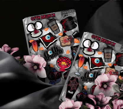 Goth Brunch Sticker Sheet – Caffeine, Chaos & Creepy Cuisine - Tampa Home & Garden Store