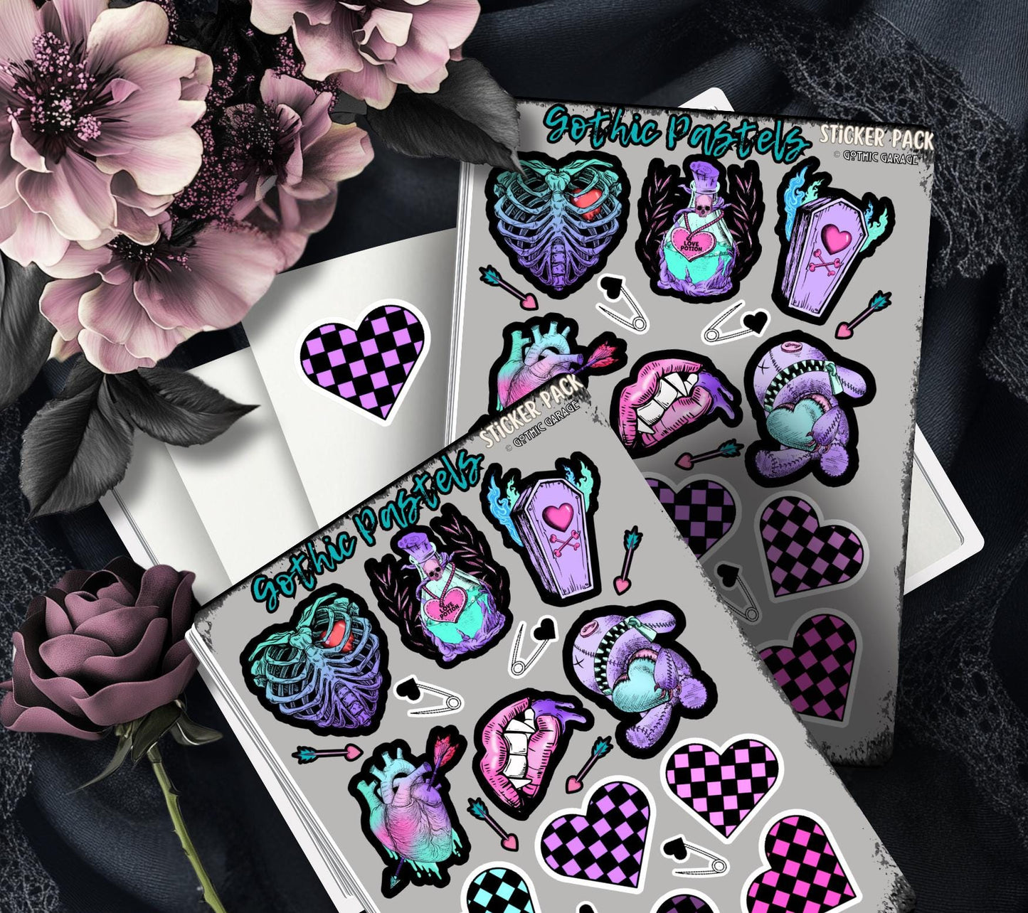 Gothic Pastel Hearts Sticker Sheets for Collecting and Scrapbooking - High-Quality, Vibrant Designs, Perfect Budget Friendly Gifts - Tampa Home & Garden Store