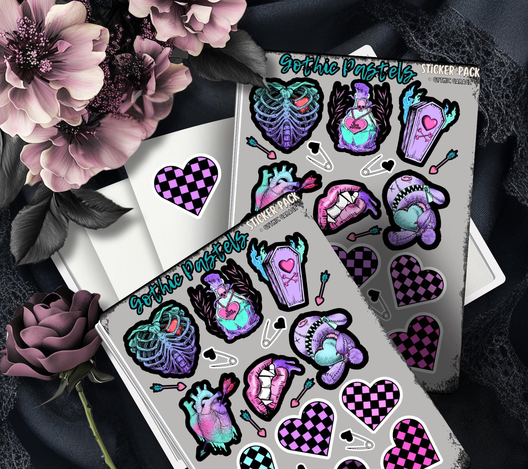 Gothic Pastel Hearts Sticker Sheets for Collecting and Scrapbooking - High-Quality, Vibrant Designs, Perfect Budget Friendly Gifts - Tampa Home & Garden Store