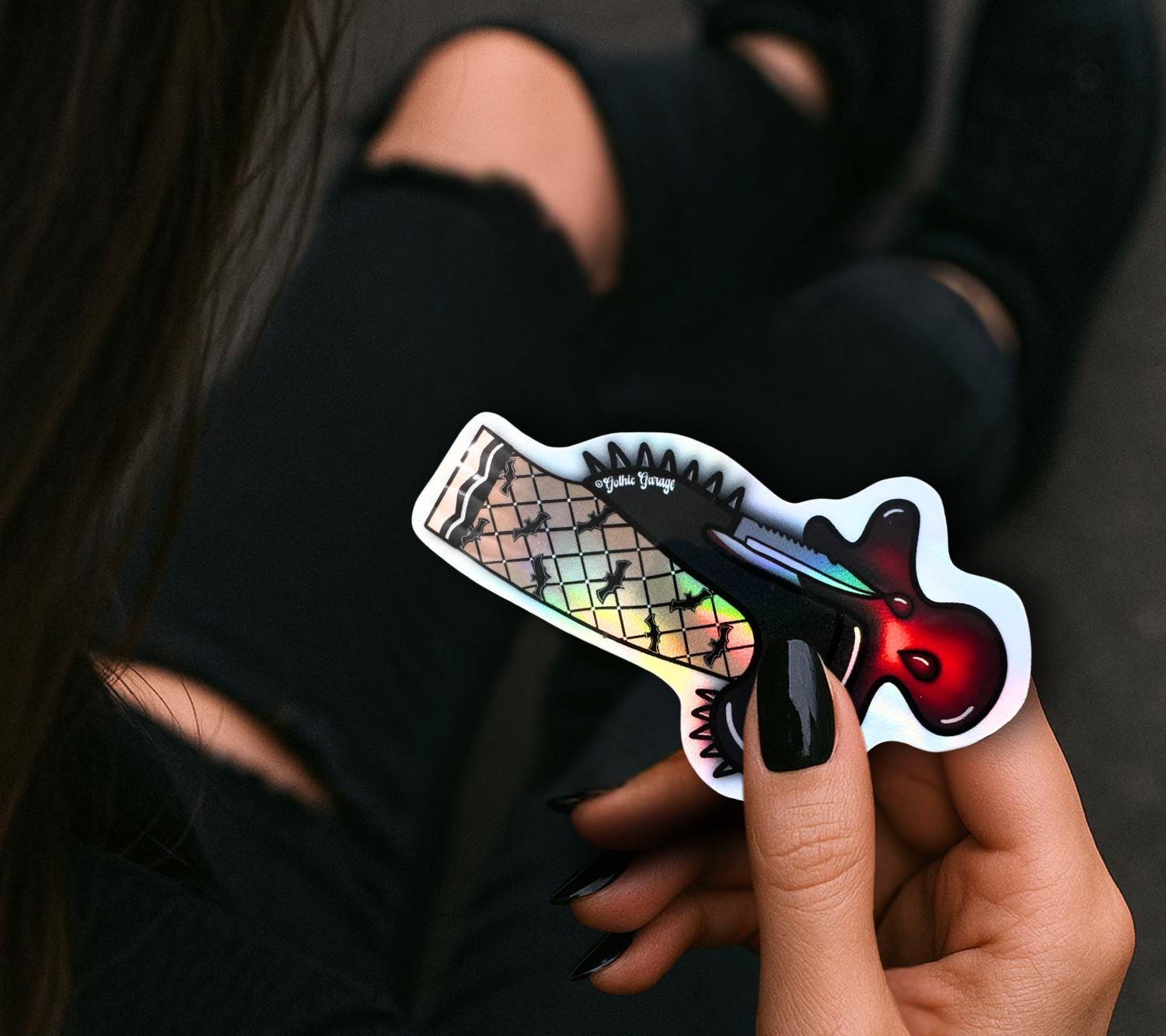 Gothic Punk Heel Sticker: Knife Blade, Fishnet Leg - Waterproof Die Cut - Tampa Home & Garden Store