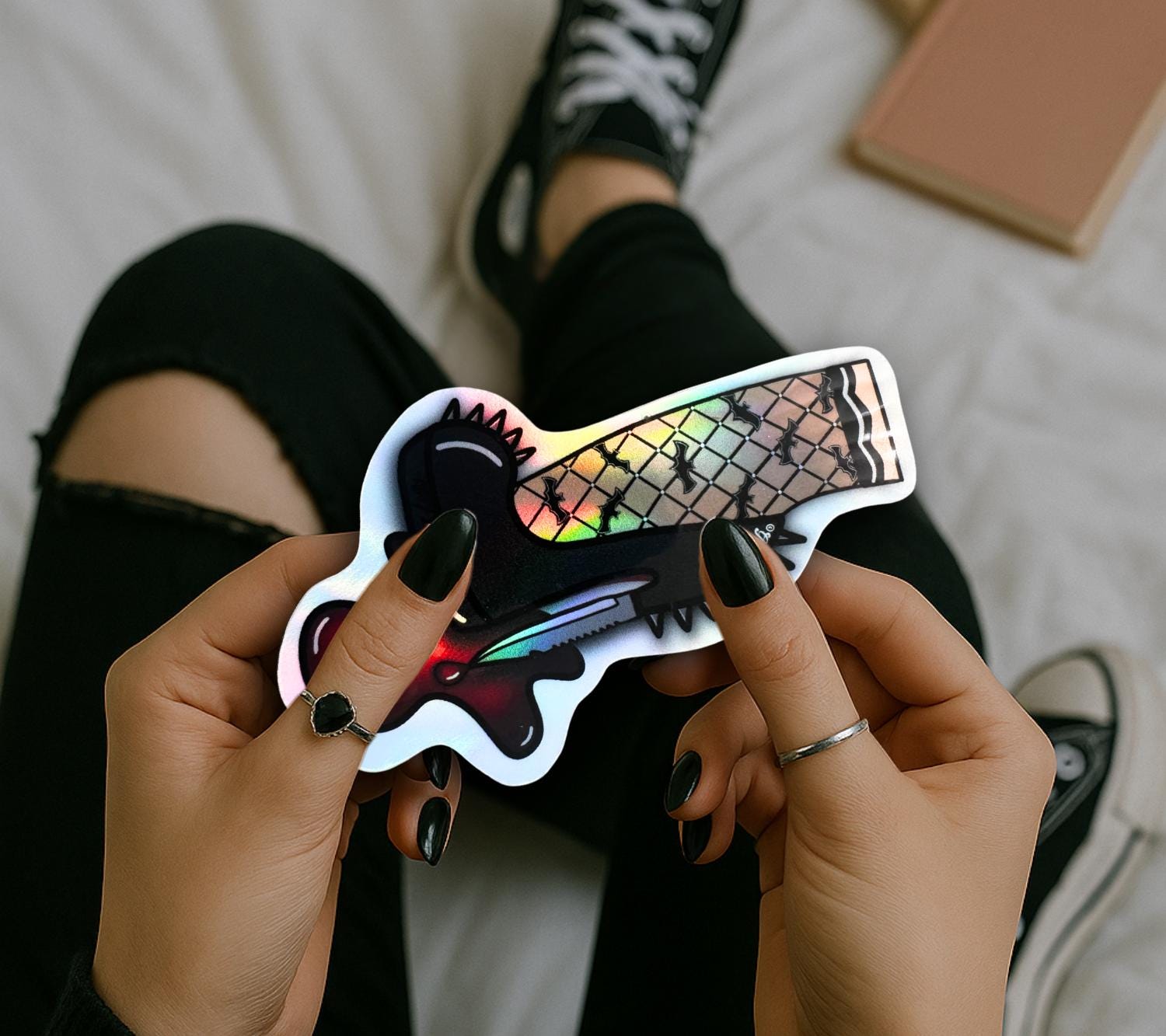 Gothic Punk Heel Sticker: Knife Blade, Fishnet Leg - Waterproof Die Cut - Tampa Home & Garden Store