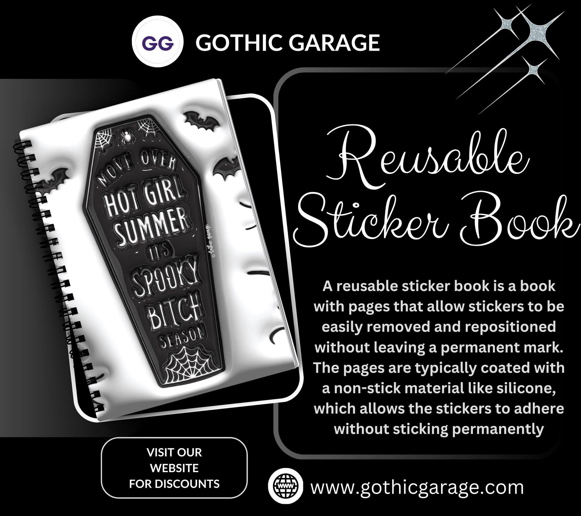 Gothic Spooky Bitch Season Reusable Sticker Book, Gothic Vibe Sticker Album, Perfect Gift to Personalize for Goth Lovers & Sticker Collector - Tampa Home & Garden Store