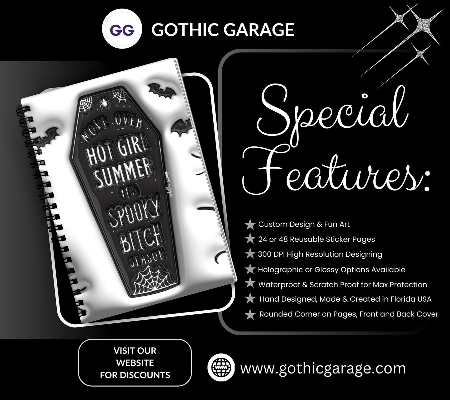 Gothic Spooky Bitch Season Reusable Sticker Book, Gothic Vibe Sticker Album, Perfect Gift to Personalize for Goth Lovers & Sticker Collector - Tampa Home & Garden Store