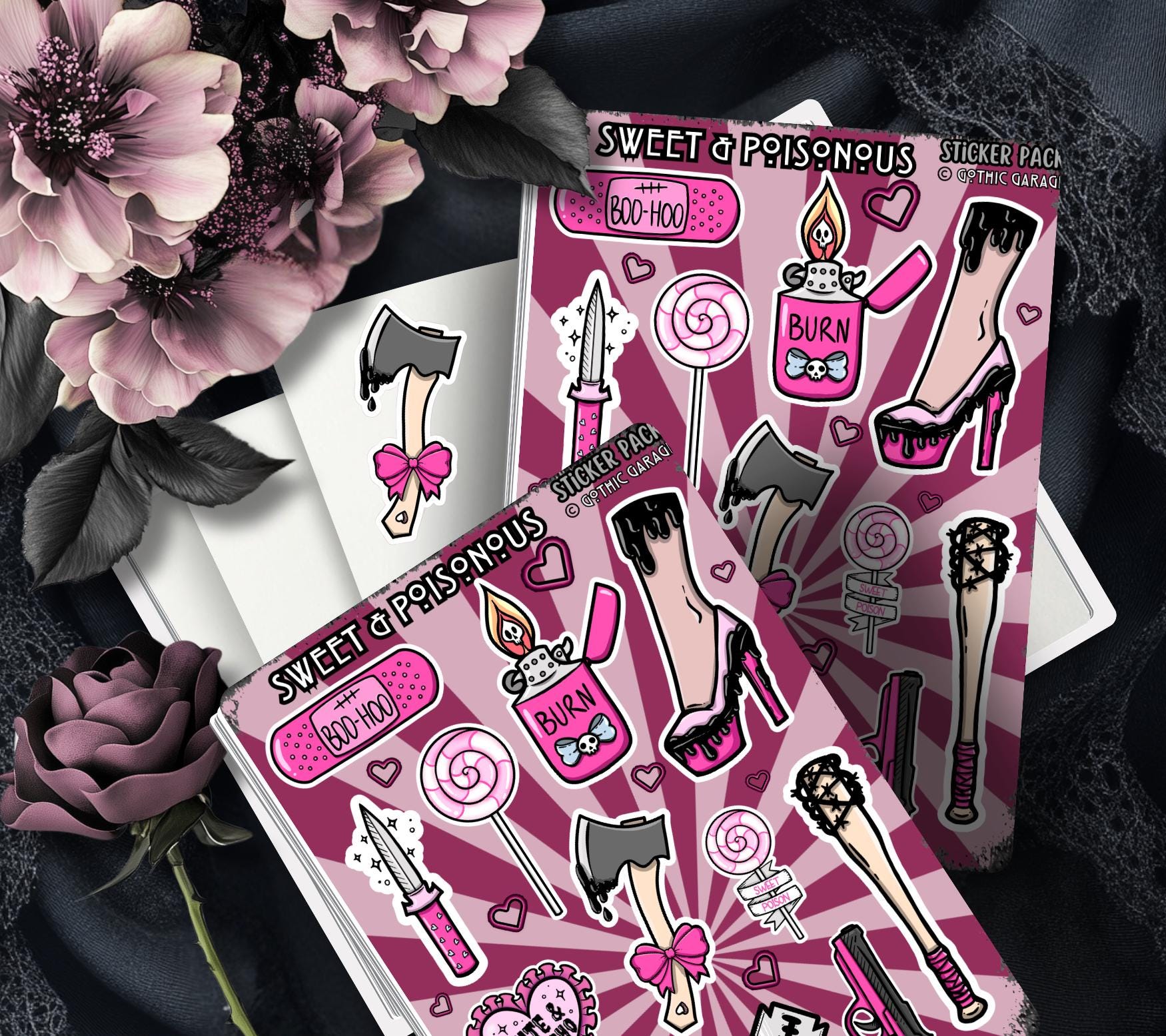 Gothic Sweet & Poisonous Sticker Sheet – Pretty in Pinky, Deadly in Action!  - Perfect for Scrapbooking and Collecting - Tampa Home & Garden Store