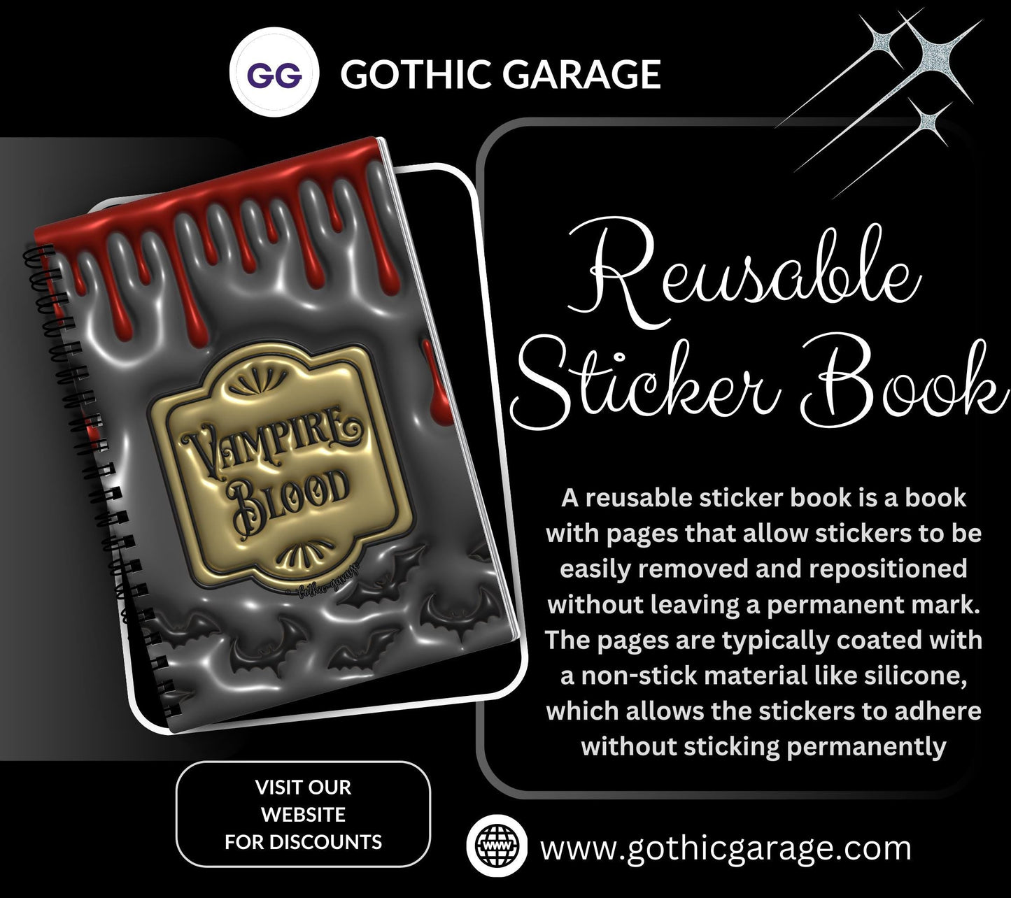 Gothic Vampire Blood Reusable Sticker Book, Gothic Vibe Sticker Album, Perfect Gift to Personalize for Goth Lovers & Sticker Collectors - Tampa Home & Garden Store