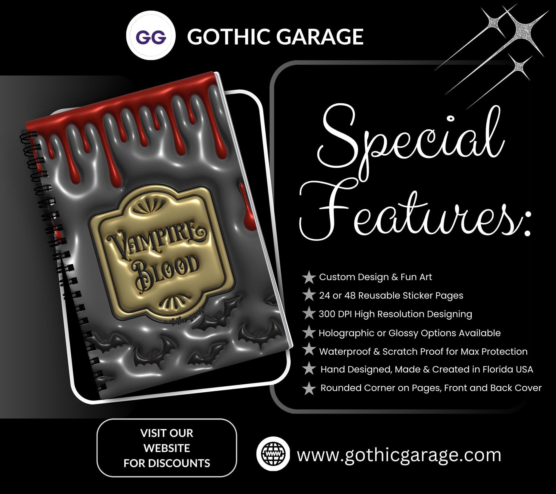 Gothic Vampire Blood Reusable Sticker Book, Gothic Vibe Sticker Album, Perfect Gift to Personalize for Goth Lovers & Sticker Collectors - Tampa Home & Garden Store