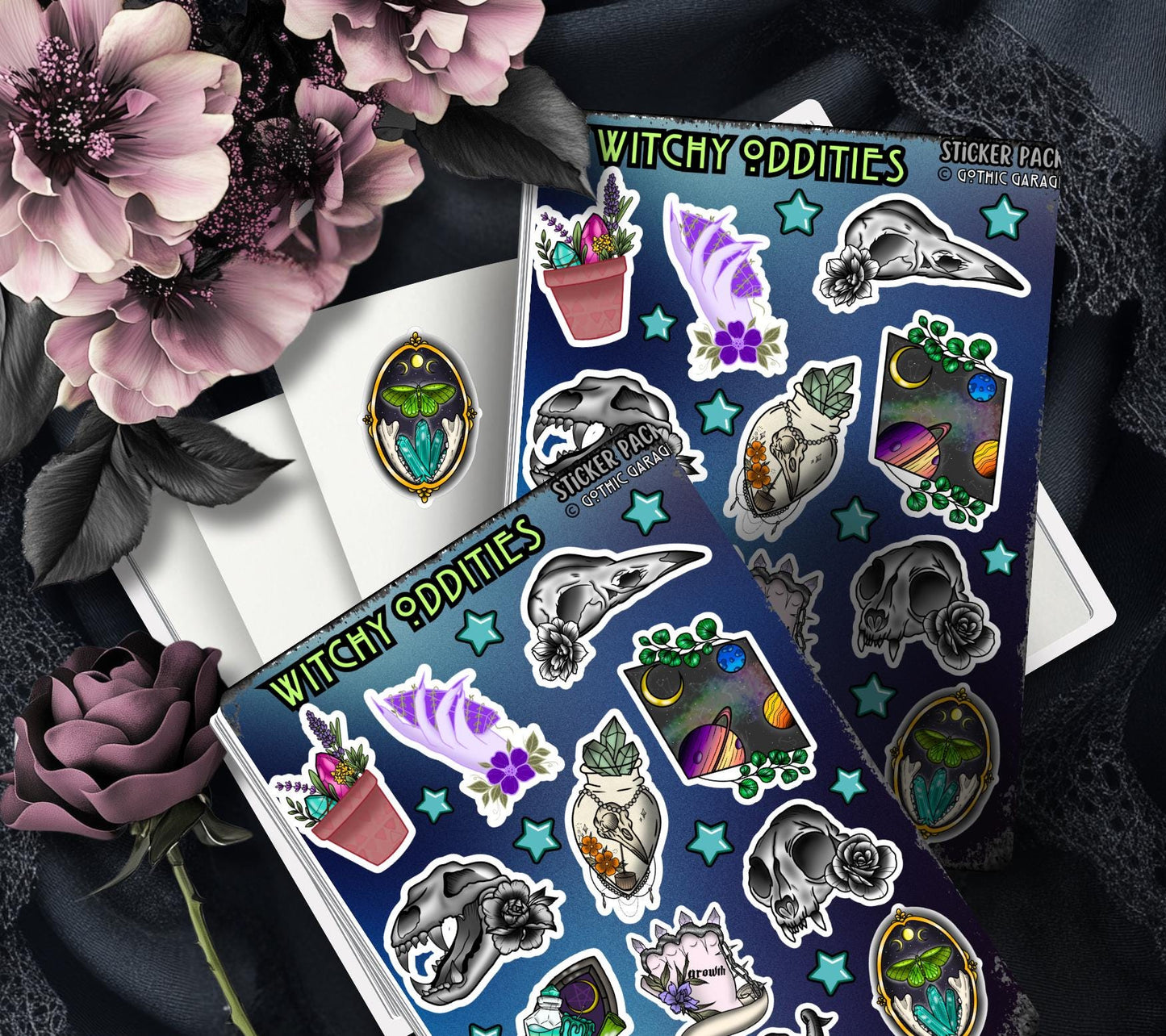 Gothic Witchy Oddities Sticker Sheet, Aesthetic Skulls, Mystical Moons & Plants - Perfect for Scrapbooking and Collecting - Tampa Home & Garden Store