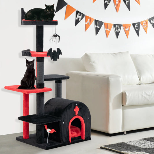 Gothic Cat Tree 53 Inch Tall Cat Tower with Cat Bed and Arch-Shaped Condo-Black - Tampa Home & Garden Store