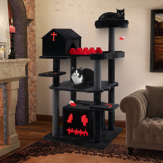 Gothic Cat Tree 49 Inch Tall Cat Tower 6-Tier Cat Activity Center with Coffin Bed-Black - Tampa Home & Garden Store