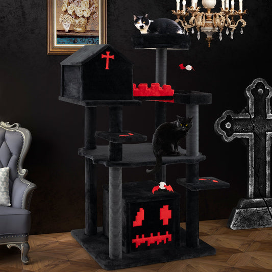 Gothic Cat Tree 49 Inch Tall Cat Tower 6-Tier Cat Activity Center with Coffin Bed-Black - Tampa Home & Garden Store