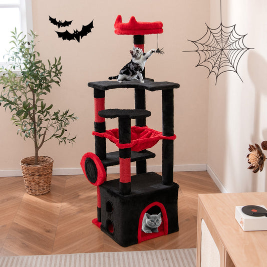 Gothic Cat Tree with Plush Perch and Spider Dangling Toy-Black & Red - Tampa Home & Garden Store