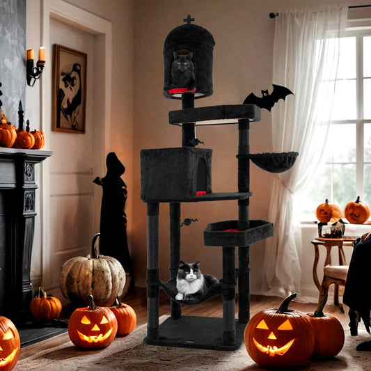 Gothic Cat Tree with 2 Cat Condos and Coffin Bed for Indoor Cats-Black - Tampa Home & Garden Store
