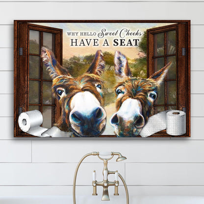 Have A Seat Sweet Cheeks bathroom sign canvas by Tailored Canvases with rustic wood frame on Tampa Home & Garden Store