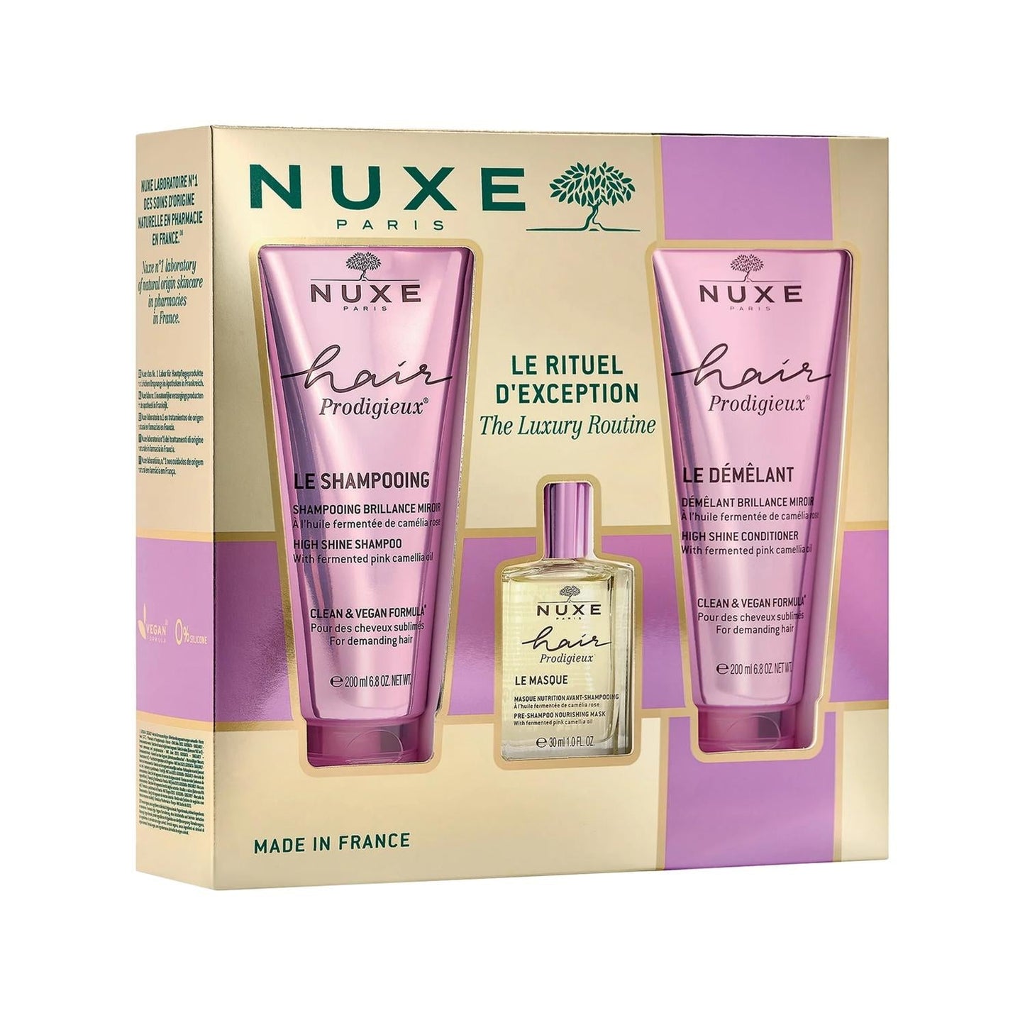 Nuxe Hair Prodigieux 3-piece set with two pink tubes and a small clear bottle in cream-gold packaging on Tampa Home & Garden Store