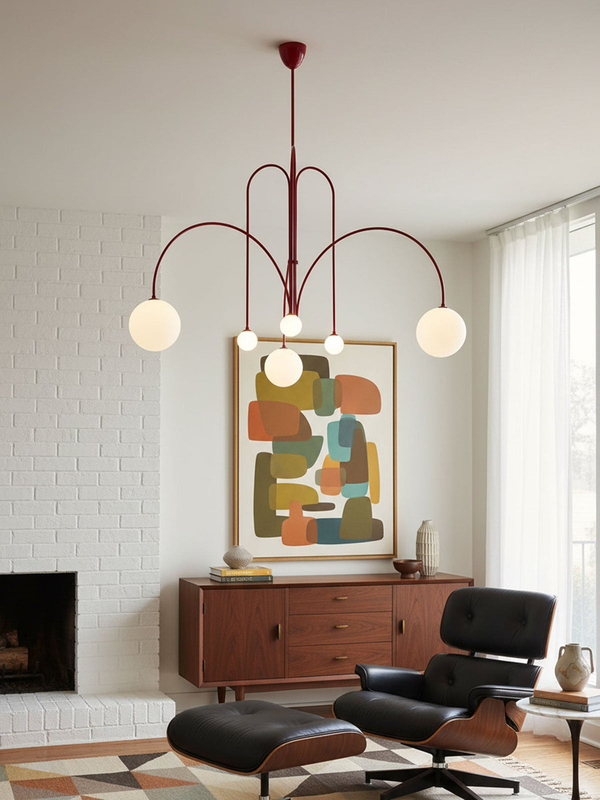 Globella 6-head pendant chandelier with red metal arms and glass globe shades, adjustable drop on Tampa Home & Garden Store
