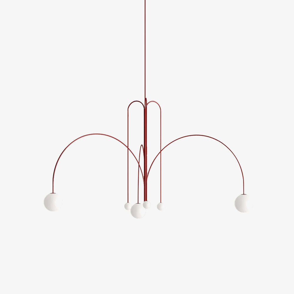 Globella 6-head pendant chandelier with red curved arms and glass globes, adjustable drop on Tampa Home & Garden Store