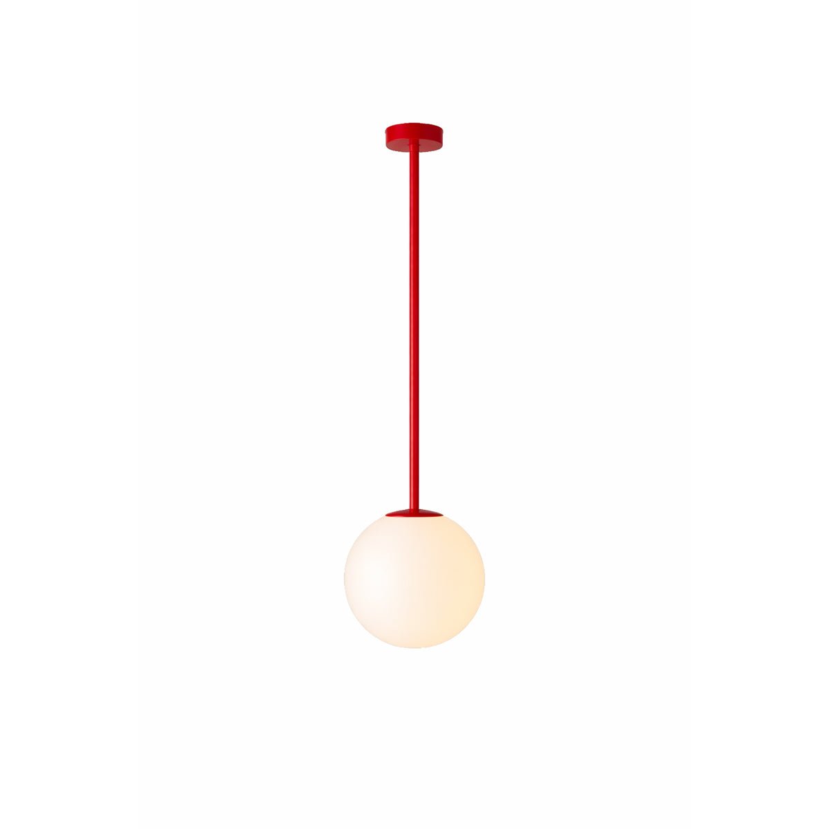 Pendant chandelier with red stem and frosted glass globe for dining rooms on Tampa Home & Garden Store