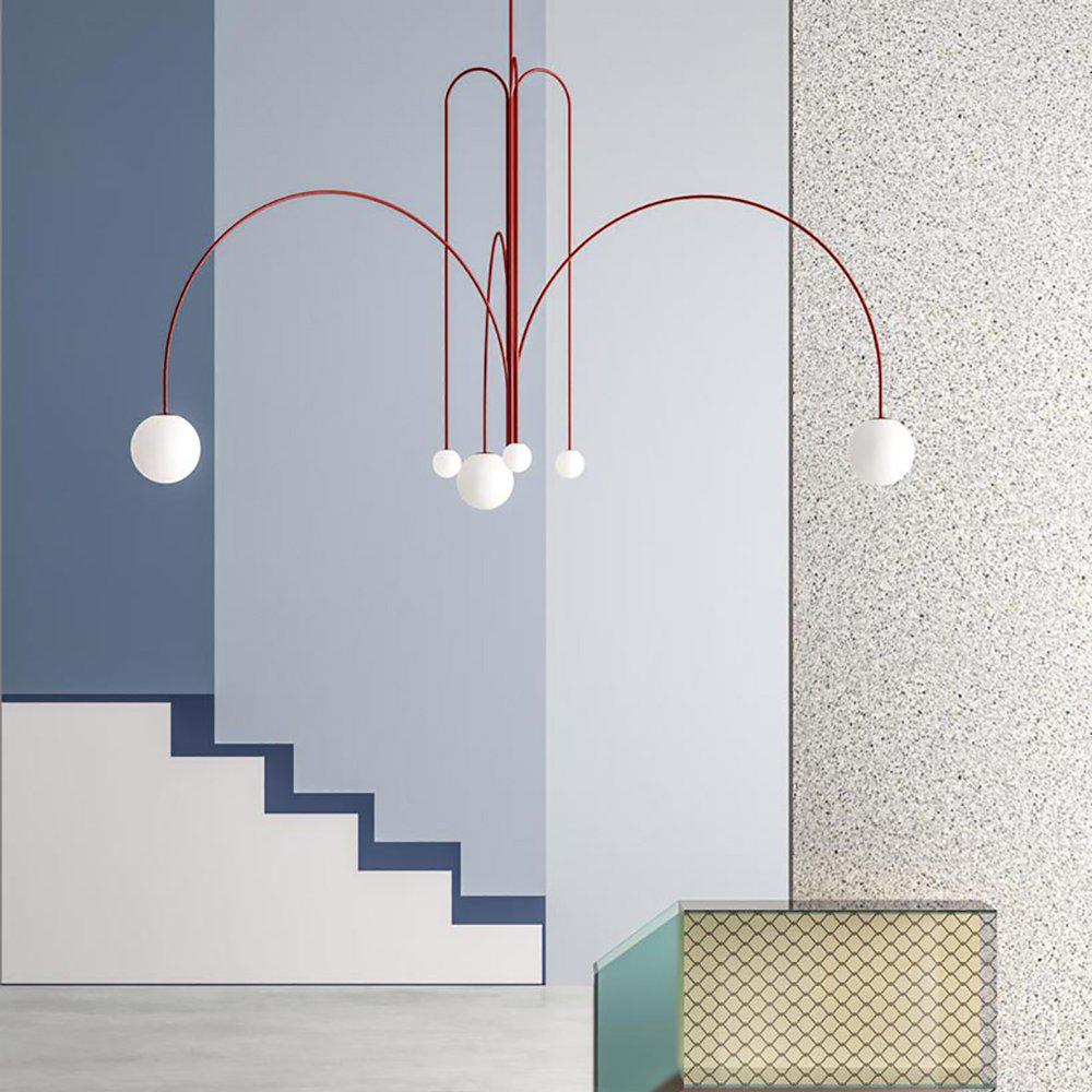 Globella 6-Head Pendant Chandelier with glass globes, red arms, adjustable drop Moktan Sabai on Tampa Home & Garden Store