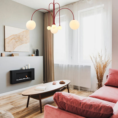 Chandelier Globella 6-head pendant with glass globes, red metal arms, adjustable drop on Tampa Home & Garden Store