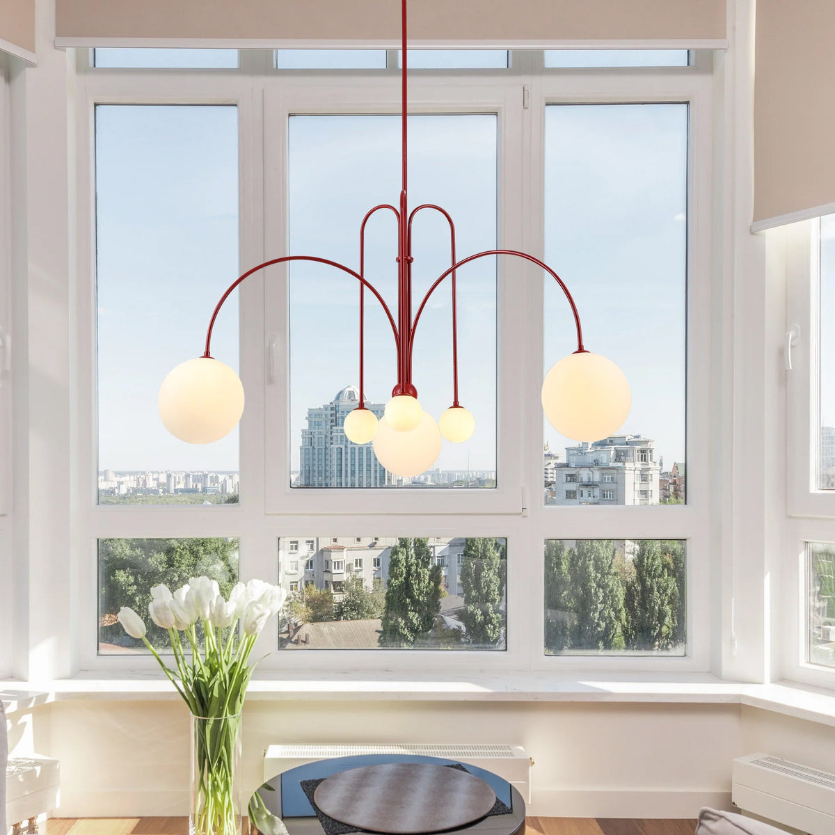 Globella 6-head pendant chandelier with red metal frame and glass globe shades, adjustable drop on Tampa Home & Garden Store