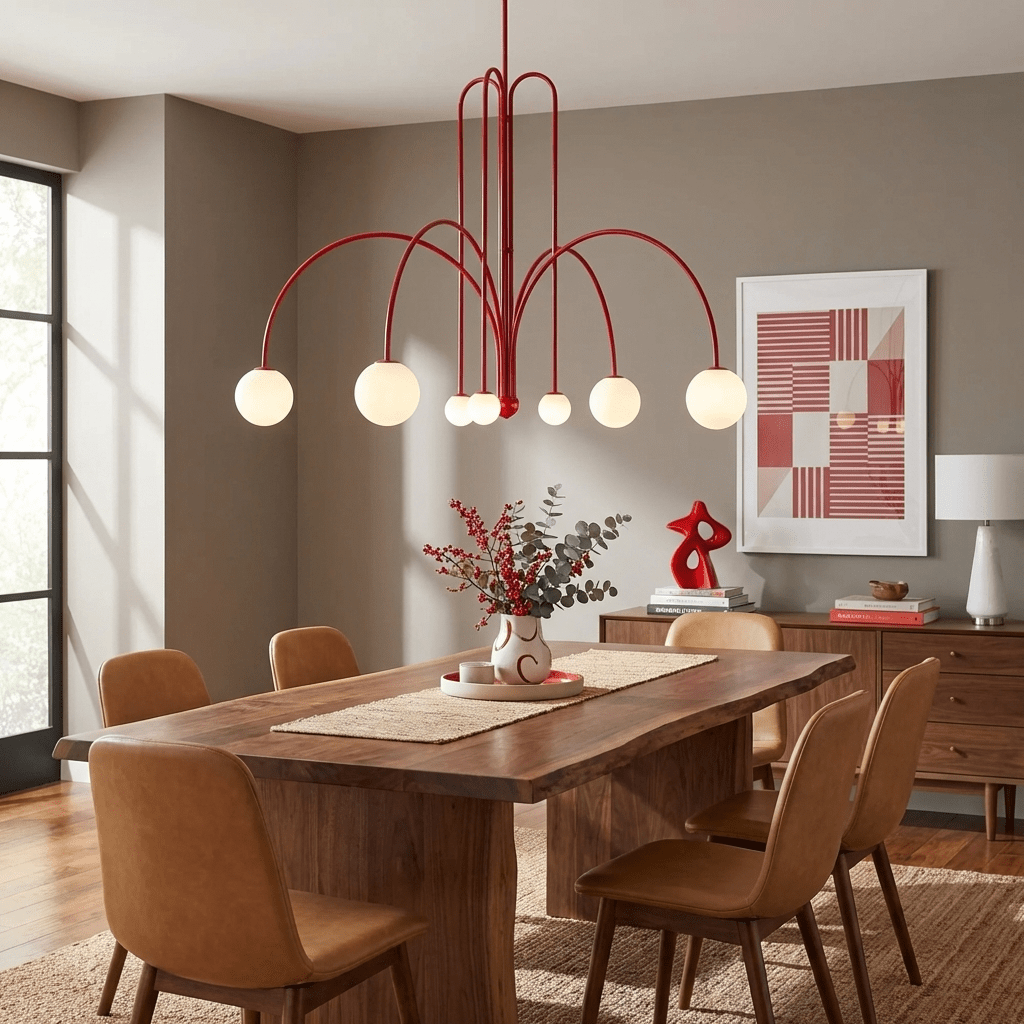 Globella 6-Head Pendant Chandelier with red metal arms and glass globes, adjustable drop on Tampa Home & Garden Store