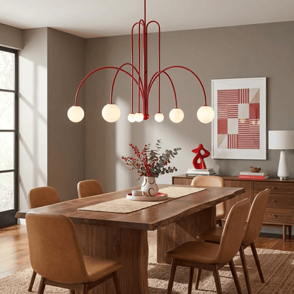 Globella 6-Head Pendant Chandelier with red metal arms and glass globes, adjustable drop on Tampa Home & Garden Store