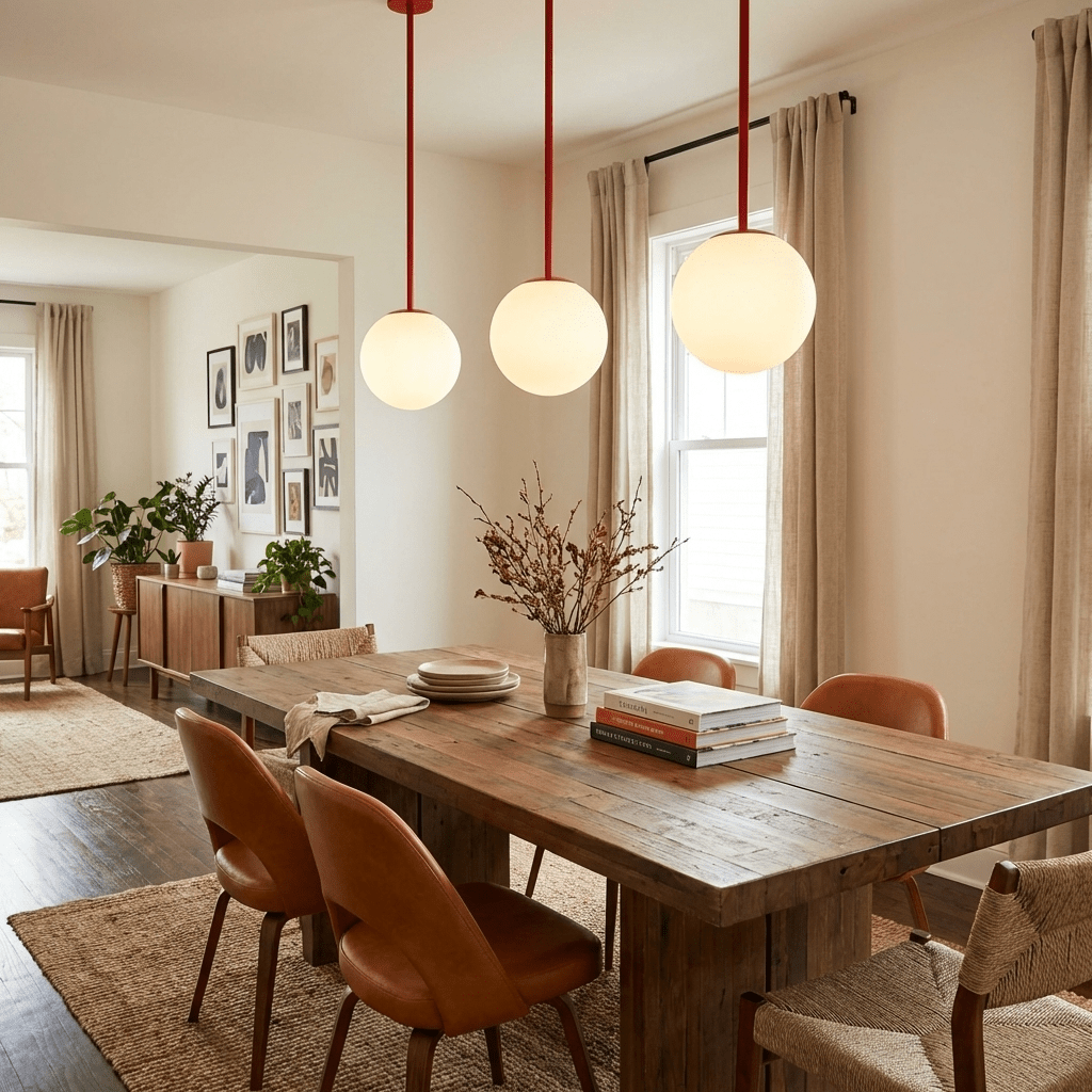 Globella 3-head pendant chandelier with glass globes on red cords above a dining table on Tampa Home & Garden Store