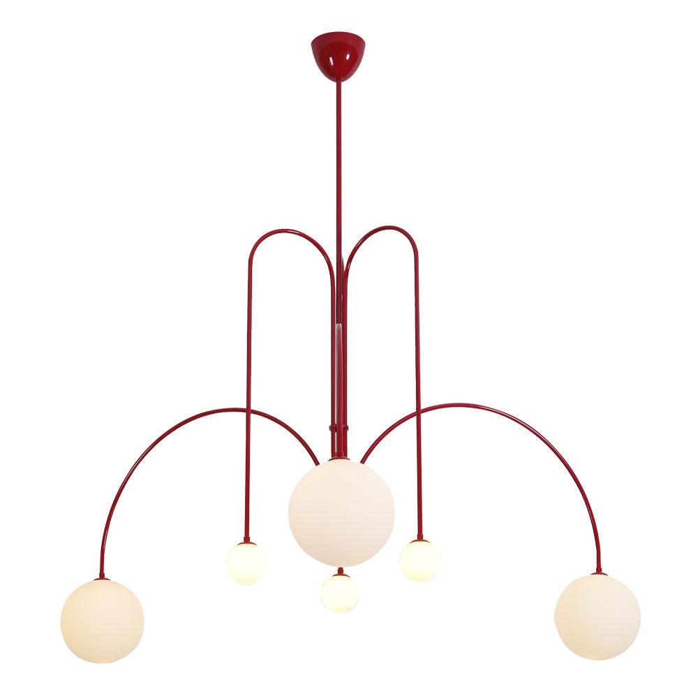 Globella six-head red pendant chandelier with glass globes and curved arms, adjustable drop on Tampa Home & Garden Store