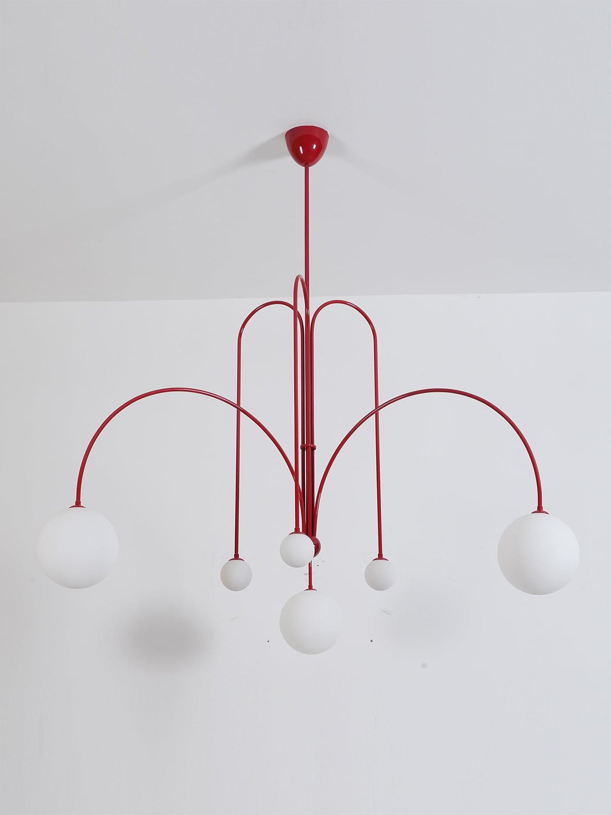 Globella 6-head pendant chandelier with glass globes, red metal frame, adjustable drops on Tampa Home & Garden Store