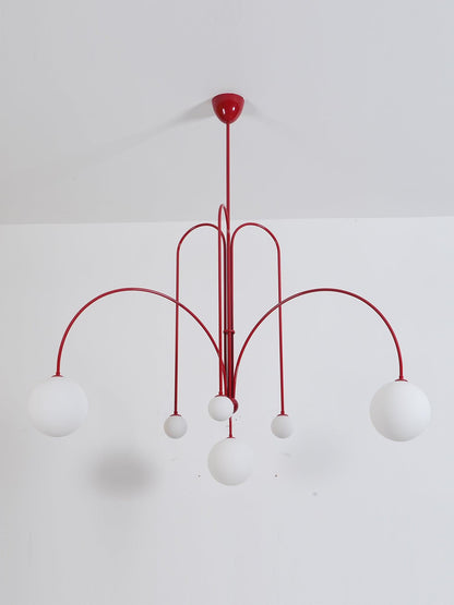 Globella 6-head pendant chandelier with glass globes, red metal frame, adjustable drops on Tampa Home & Garden Store