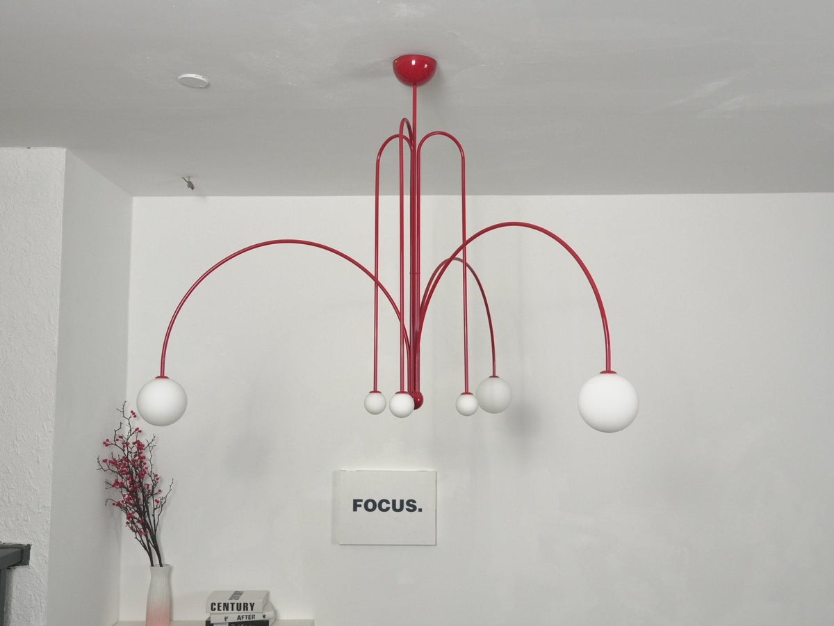 Globella 6-head red pendant chandelier with glass globes and adjustable drop by Moktan Sabai on Tampa Home & Garden Store