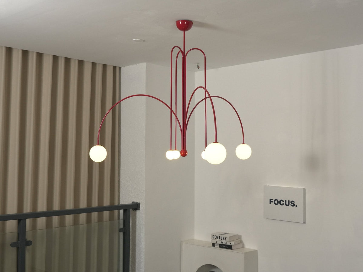 Globella 6-head pendant chandelier with glass globes, red arches, adjustable drop on Tampa Home & Garden Store
