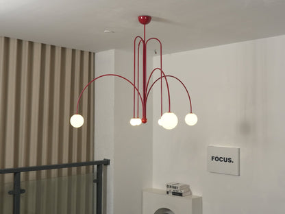 Globella 6-head pendant chandelier with glass globes, red arches, adjustable drop on Tampa Home & Garden Store