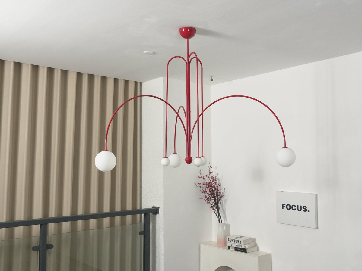 Globella 6-Head Pendant Chandelier red metal arms with white glass globes six-light fixture on Tampa Home & Garden Store