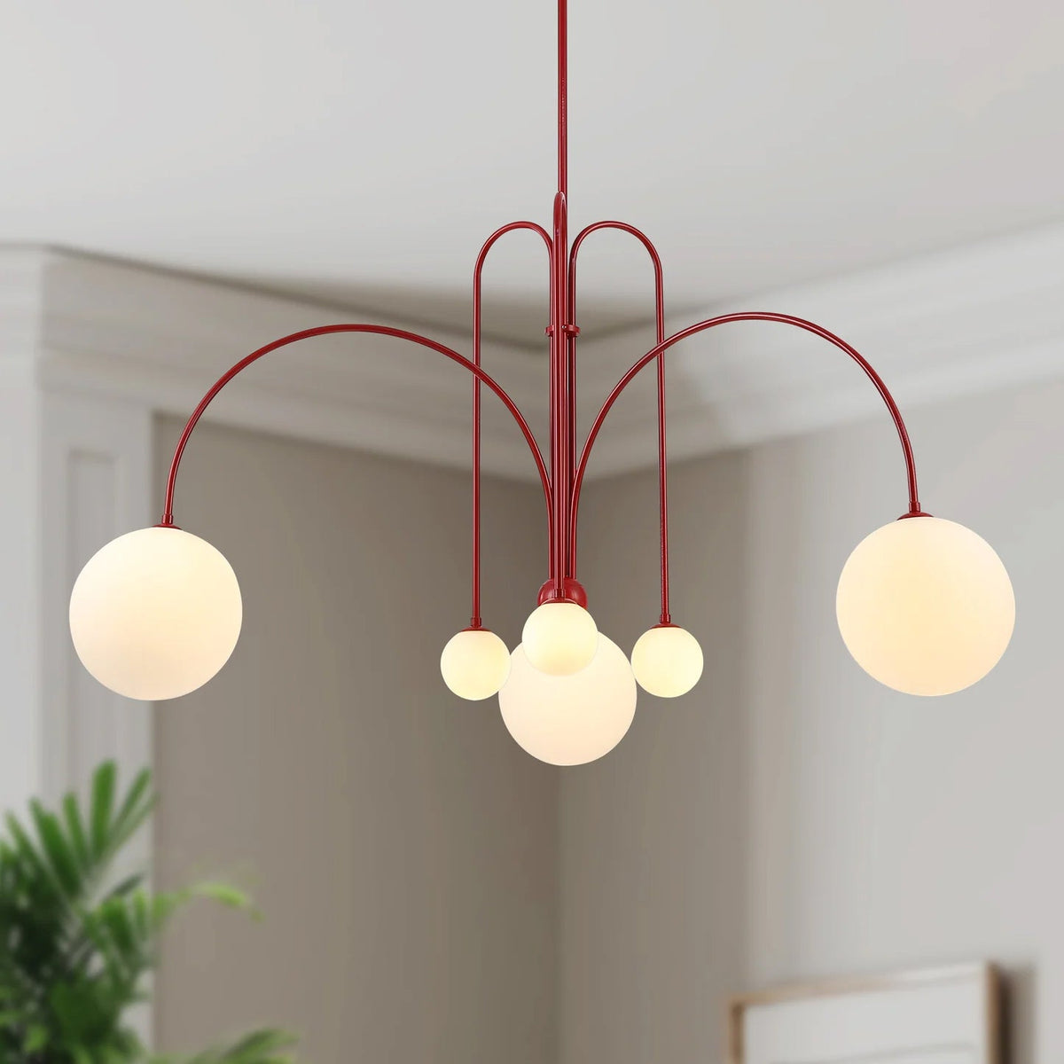 Globella 6-Head Pendant Chandelier by Moktan Sabai red arches and glass globes adjustable drop on Tampa Home & Garden Store